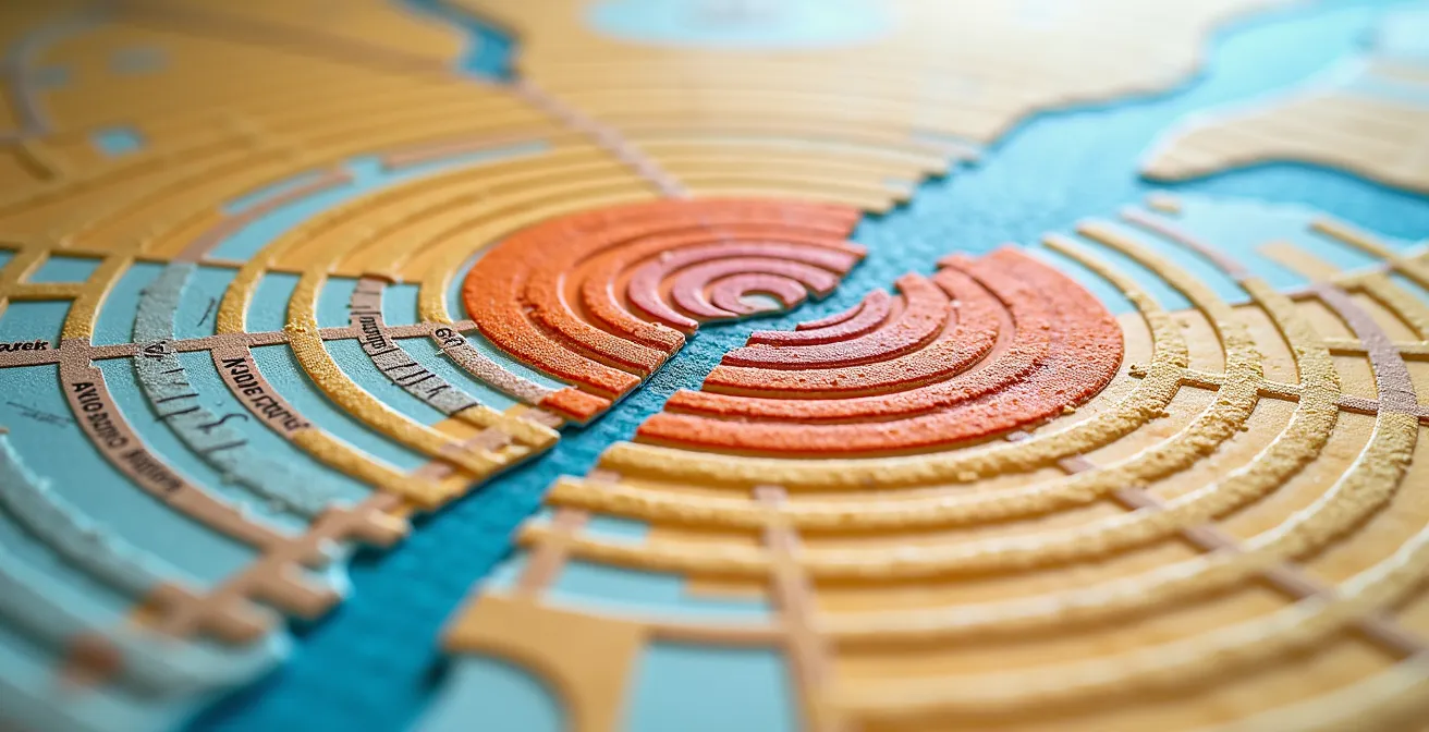 Macro shot of topographic map with 800-meter radius circles around transit stations showing property value gradients