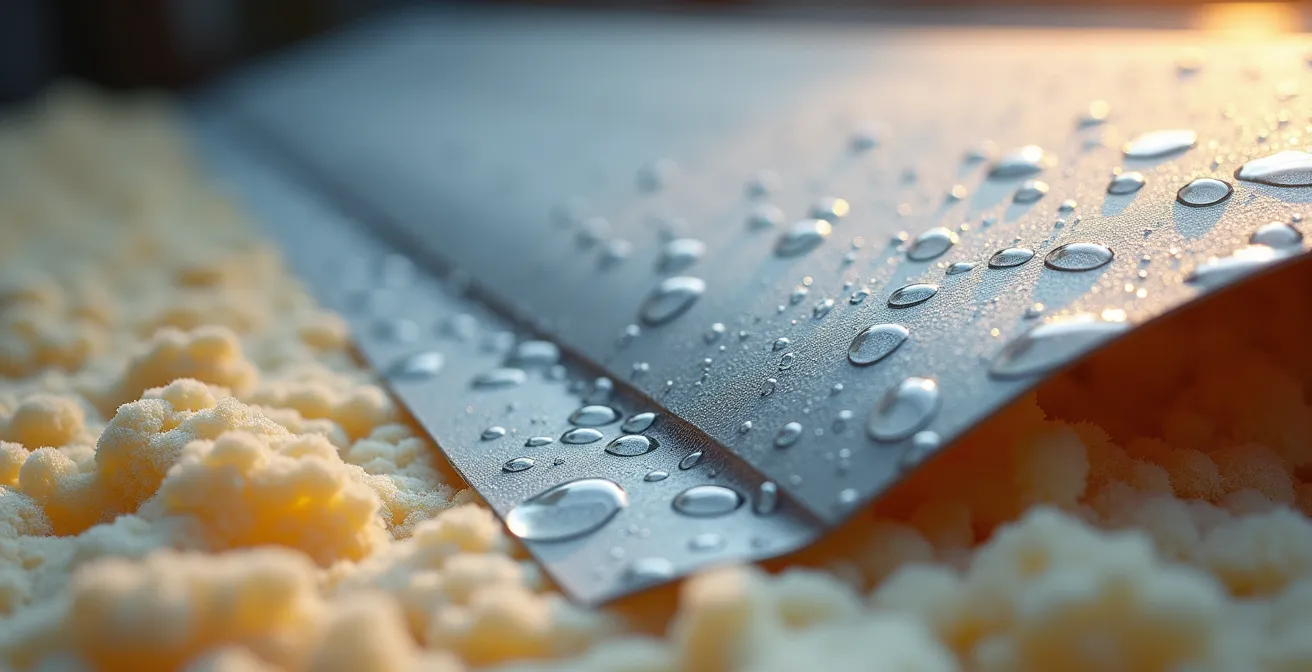 Extreme close-up of sealed building envelope showing vapor barrier and insulation layers
