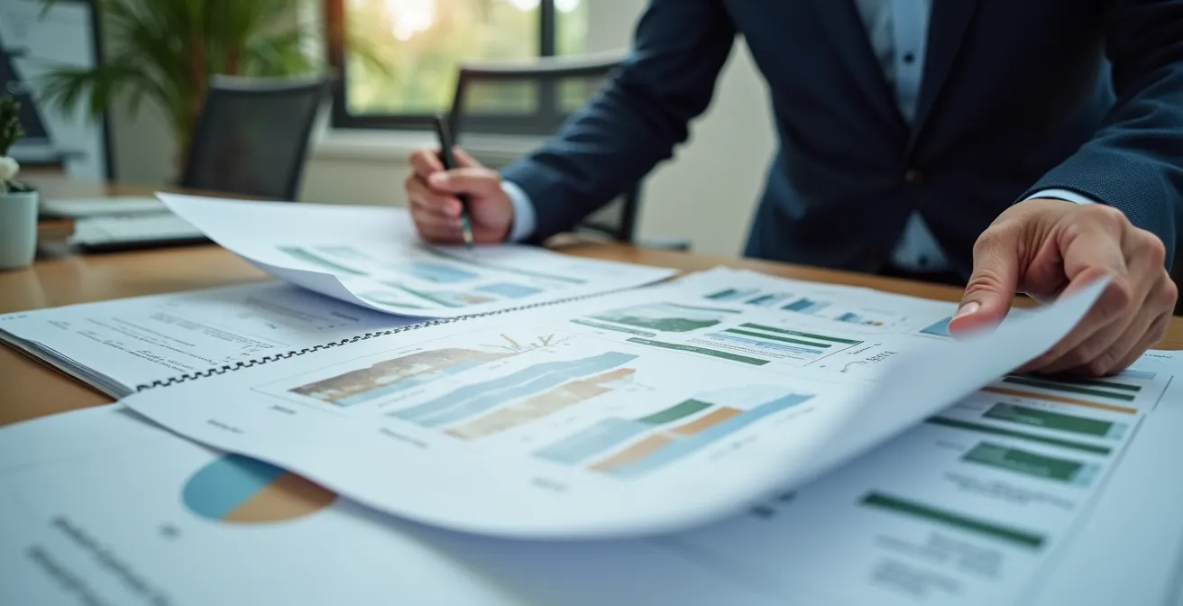 Professional reviewing environmental assessment documents and property plans on a desk with analytical tools