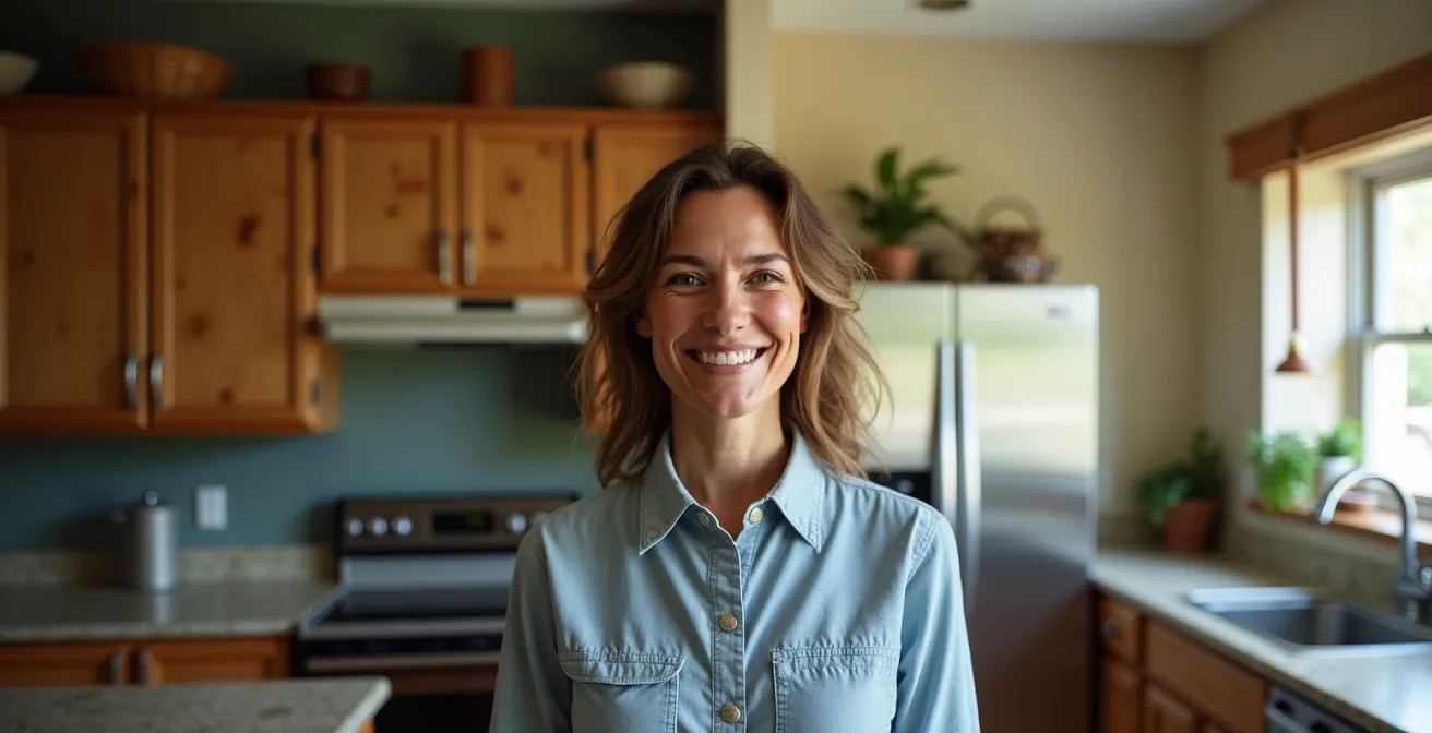 Split-view of kitchen renovation showing an outdated 1990s space transforming into a bright, modern kitchen design.