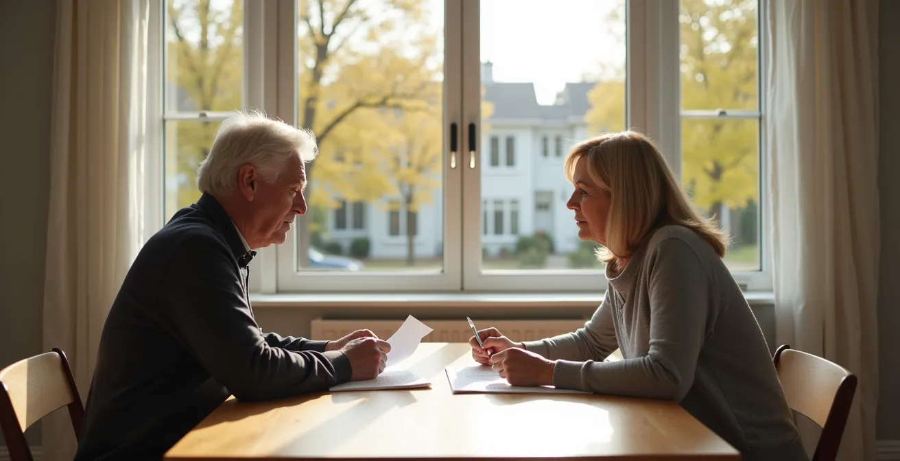 A mature Canadian couple sits at a minimalist dining table, examining property documents and a laptop, planning their downsizing for retirement.
