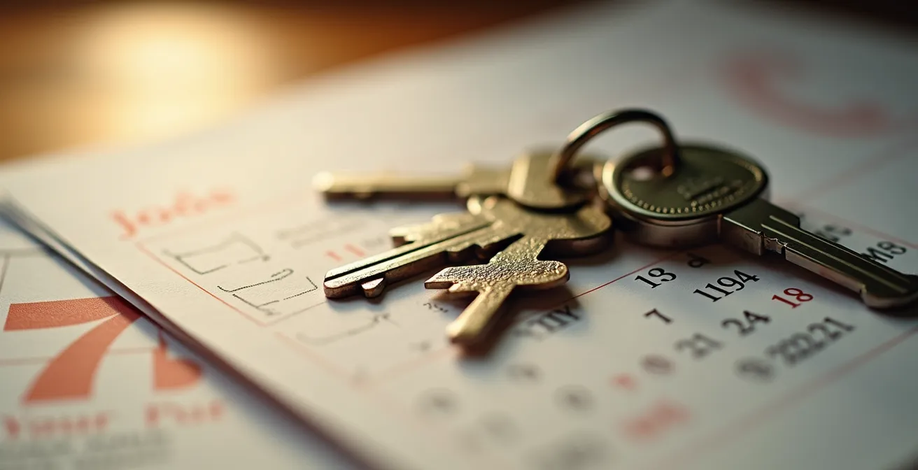 Macro shot of calendar pages with Canadian mortgage documents and house keys