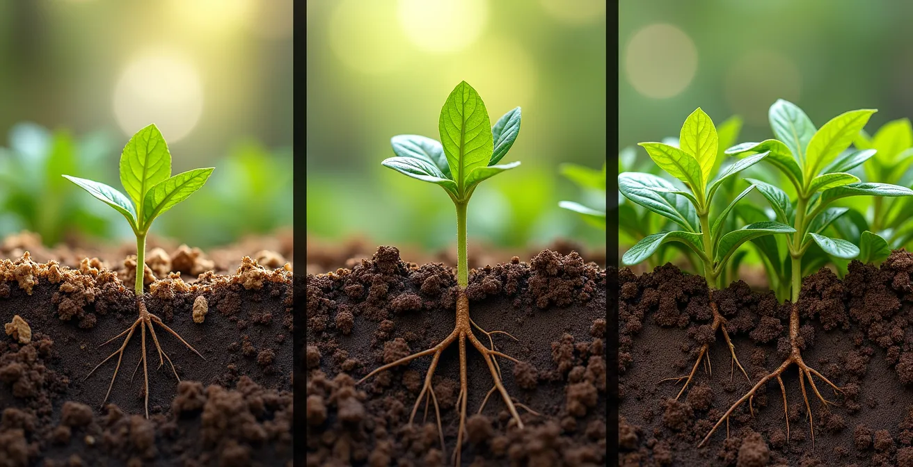 Three-year visual timeline showing lawn transformation from grass to native groundcover