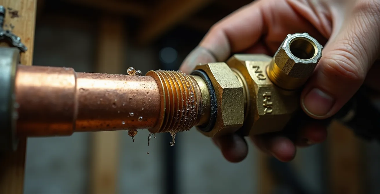 Close-up of professional plumber's hands connecting air compressor fitting to copper pipe valve for winterization