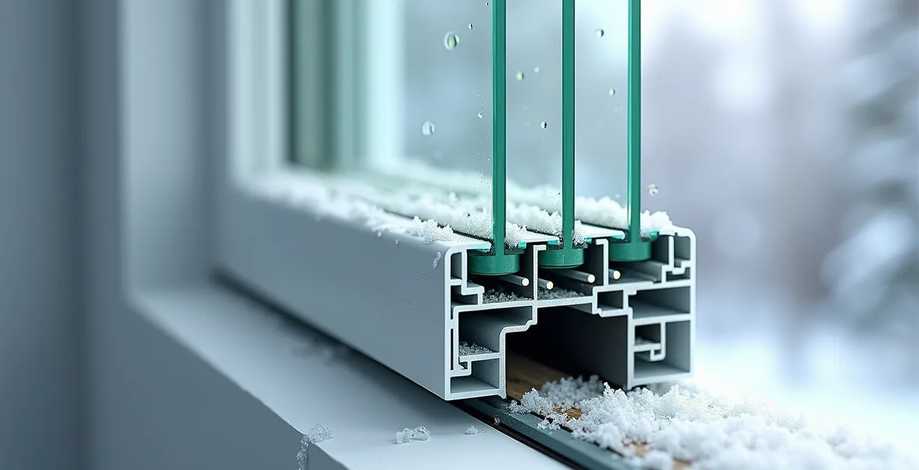 Extreme close-up cross-section of triple-pane window showing argon gas chambers and low-e coatings