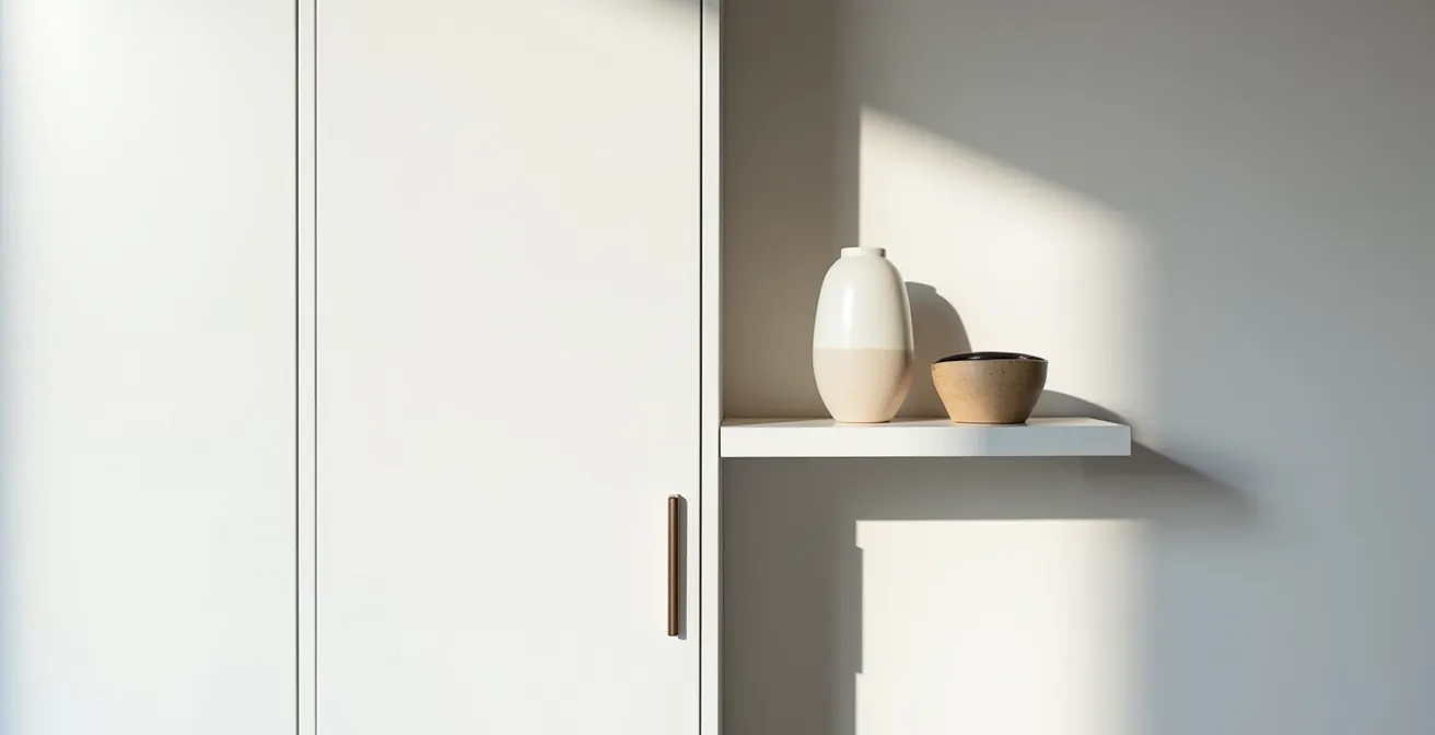 A serene living room wall featuring sleek closed storage with one small curated display shelf