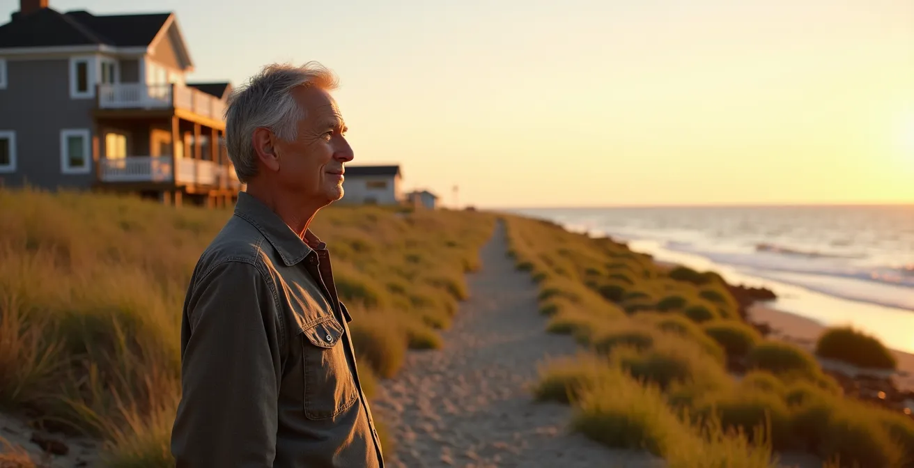Cross-section view of a modern living shoreline with natural vegetation alongside a traditional concrete seawall