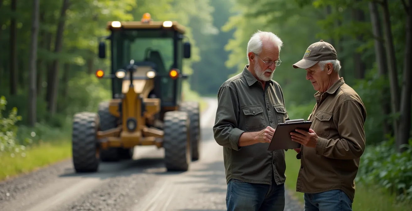 Gravel road maintenance equipment working on cottage access road in Canadian forest