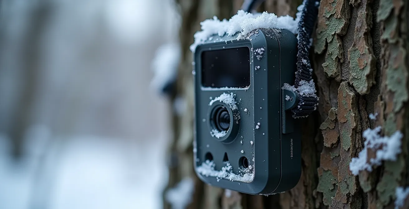 Cellular trail camera monitoring system installed on cottage property in winter