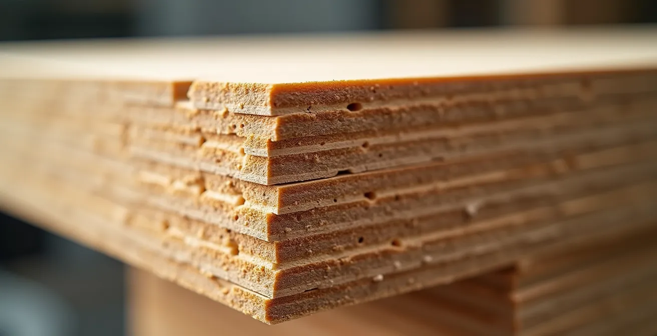 Close-up macro view of cross-laminated timber layers showing wood grain patterns and adhesive bonds