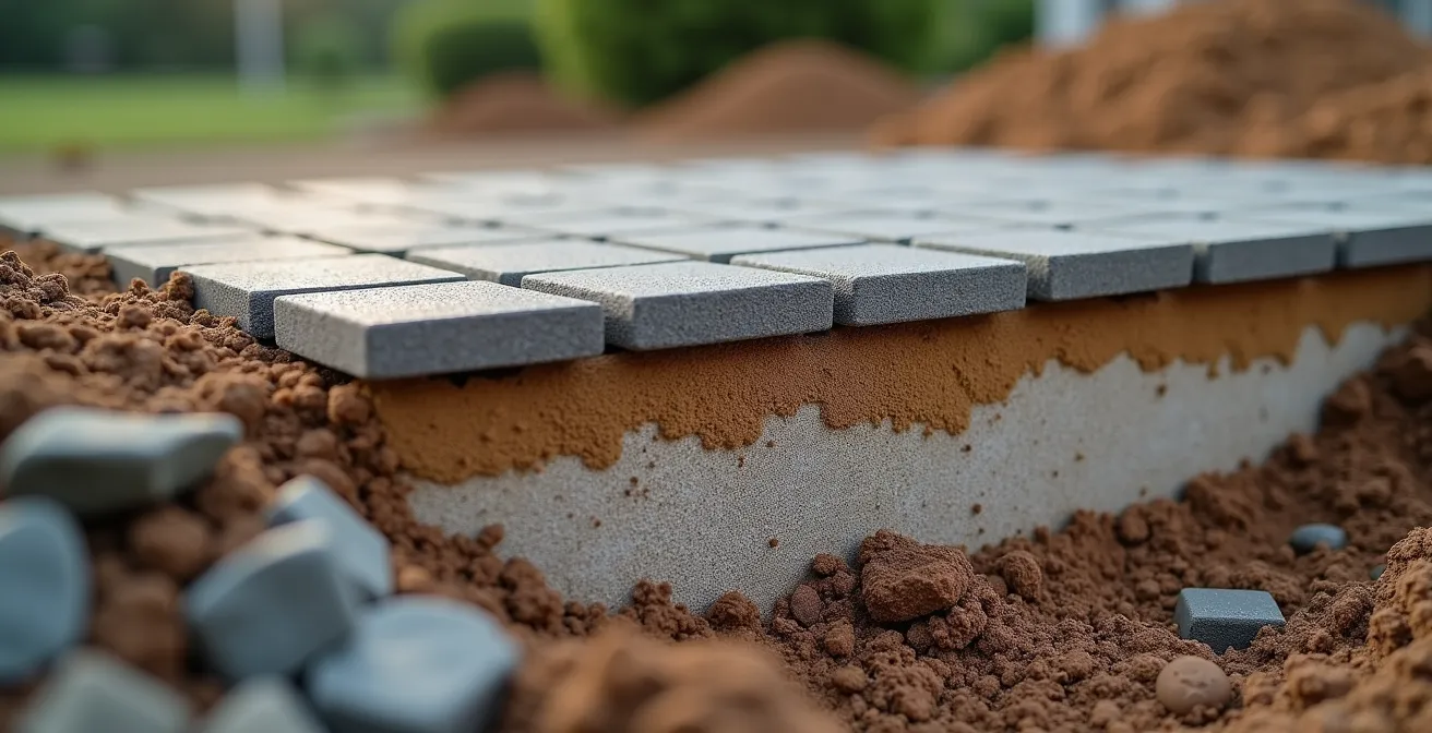 Detailed cross-section view showing multiple layers of a permeable driveway installation with deep gravel base