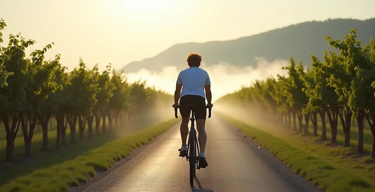 Cyclist on a dedicated bike path through Niagara vineyards with escarpment cliffs in background