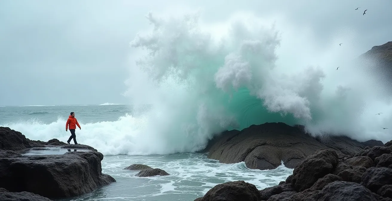 Massive unexpected wave crashing over coastal rocks with dramatic spray