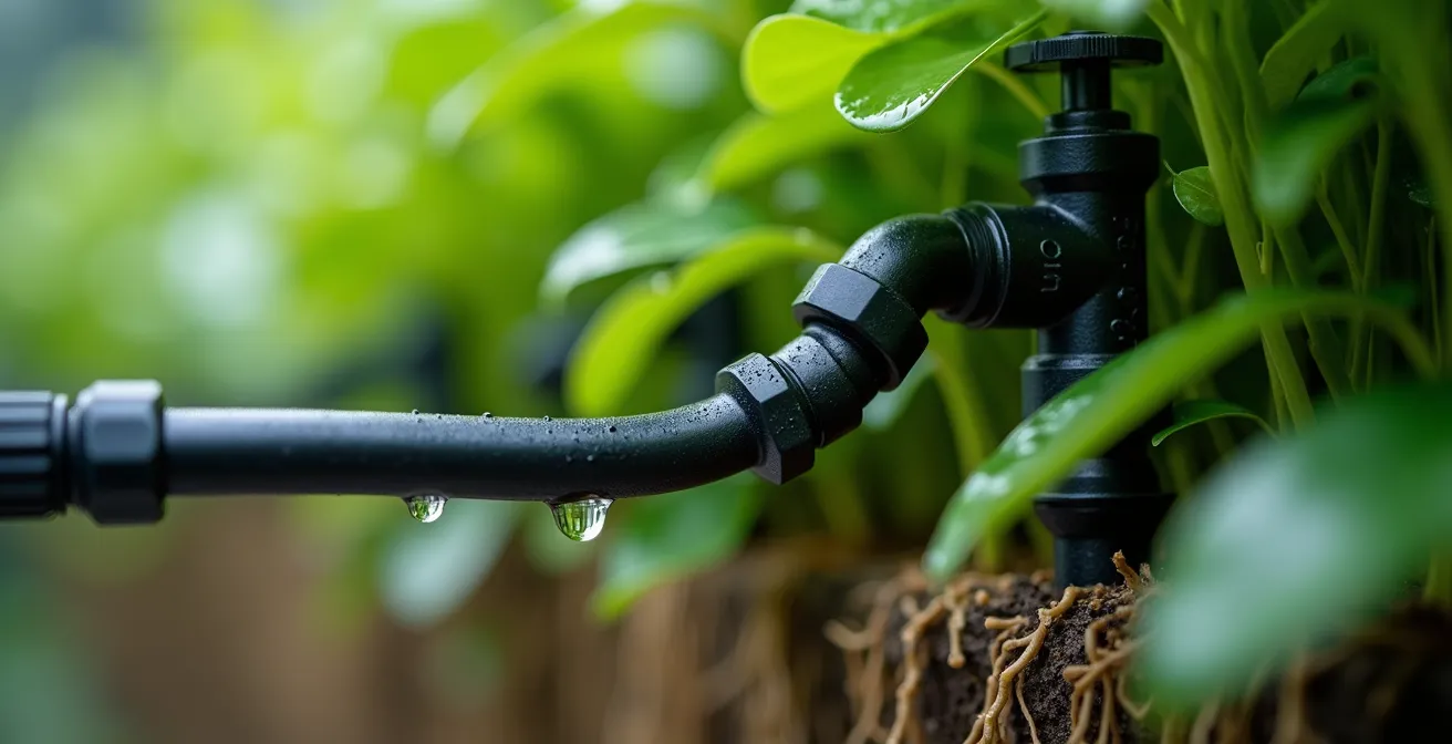 Close-up of professional drip irrigation system integrated into living wall with moisture sensors