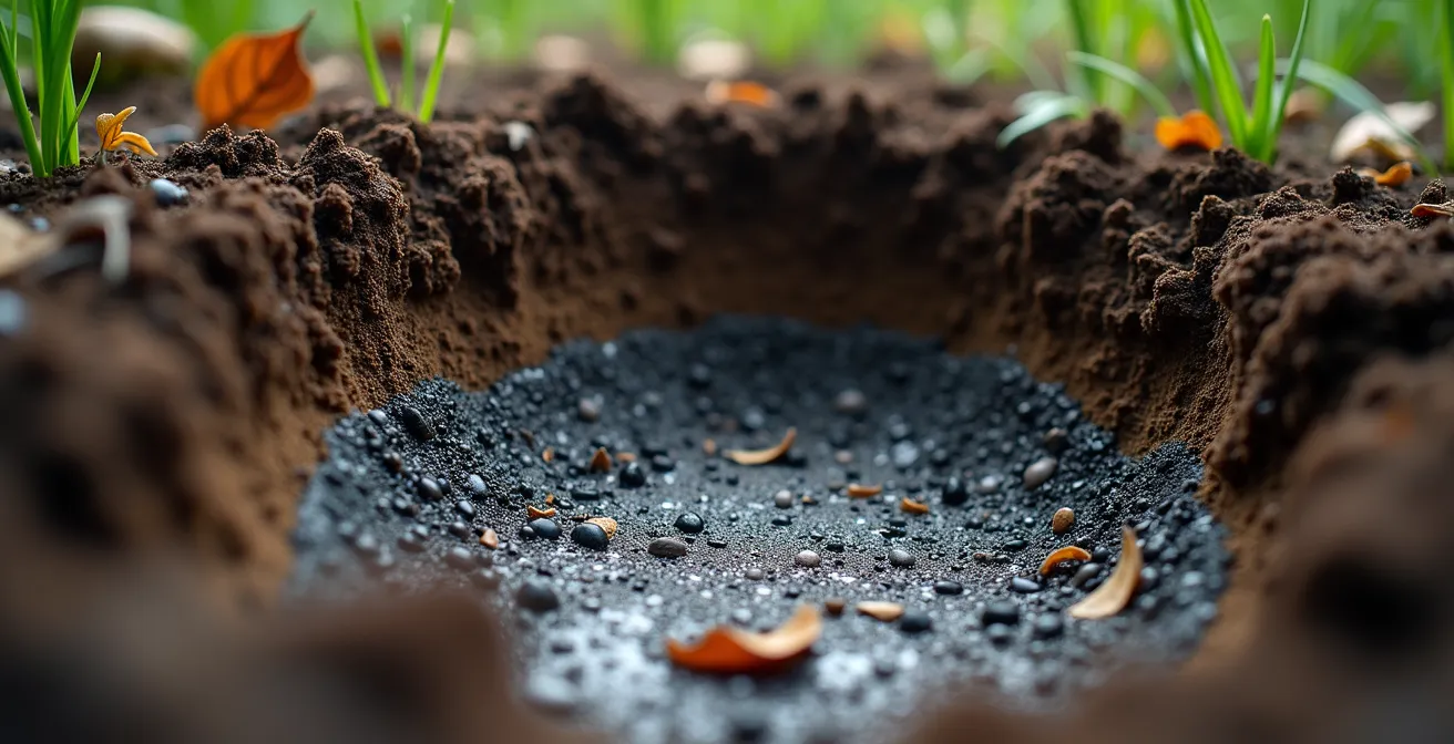 Cross-section view of dry well installation showing gravel layers and drainage