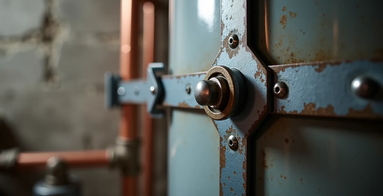 Hot water tank secured with seismic strapping in a basement utility room