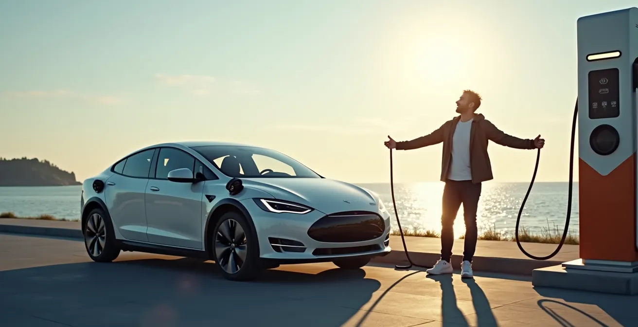 Electric vehicle charging at a scenic coastal station along Gaspésie Route 132