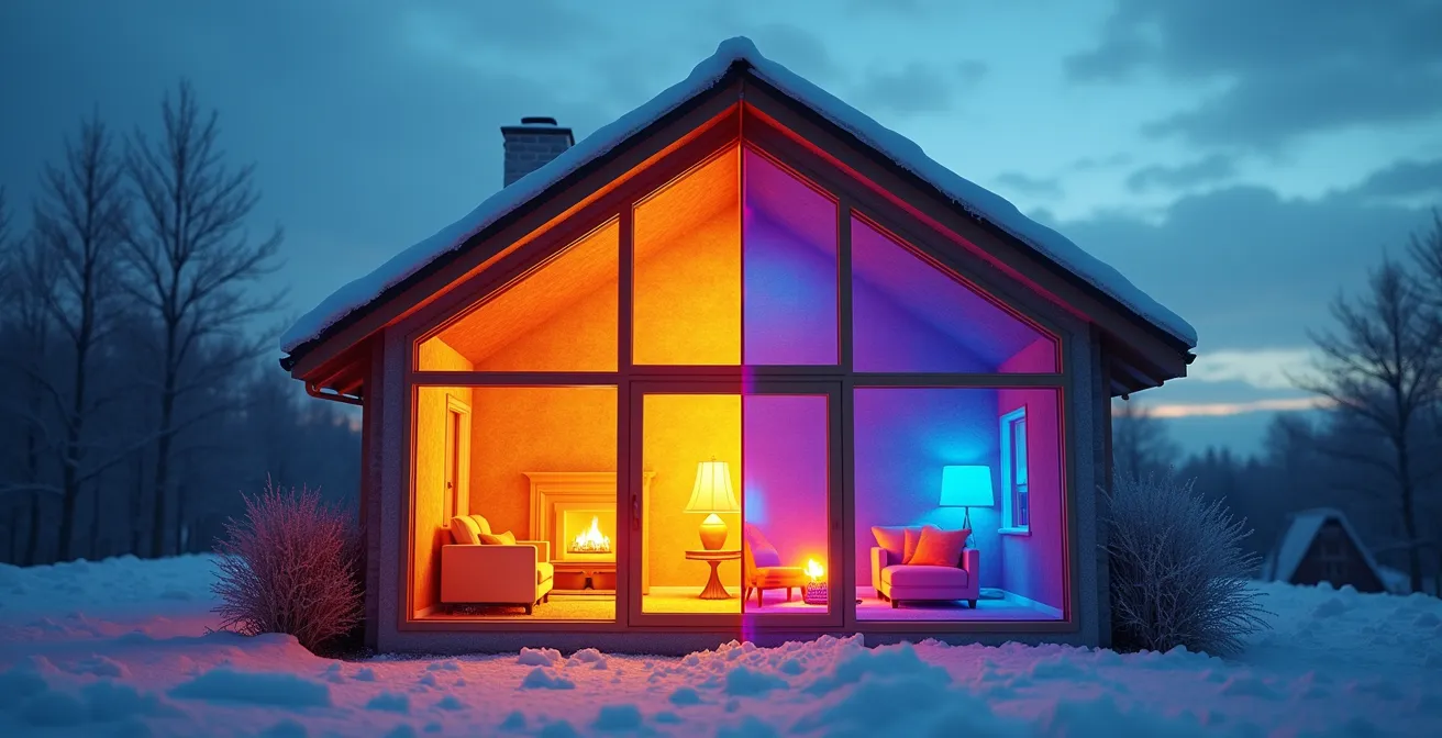 Architectural energy flow diagram showing heat retention and solar generation in a Canadian home