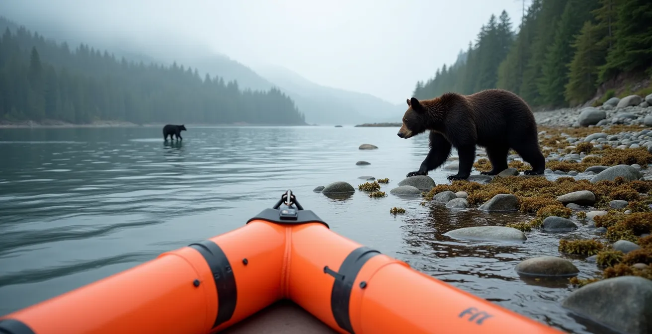 Zodiac boat maintaining respectful distance from foraging black bear on rocky shoreline