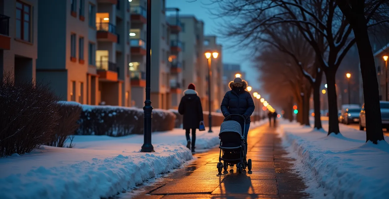 Well-lit residential street at dusk with pedestrians and clear sidewalks