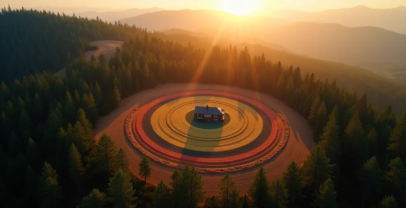 Aerial view showing FireSmart zones around mountain home with natural forest integration