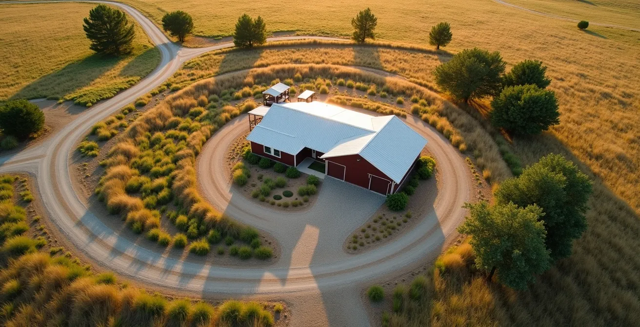 Aerial view of a rural acreage showing FireSmart zones with cleared vegetation circles around the main house and outbuildings