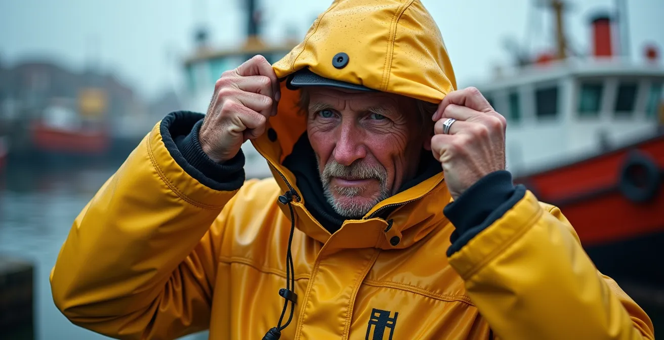 Professional fisherman in heavy-duty rubber rain gear preparing nets in Tofino harbor