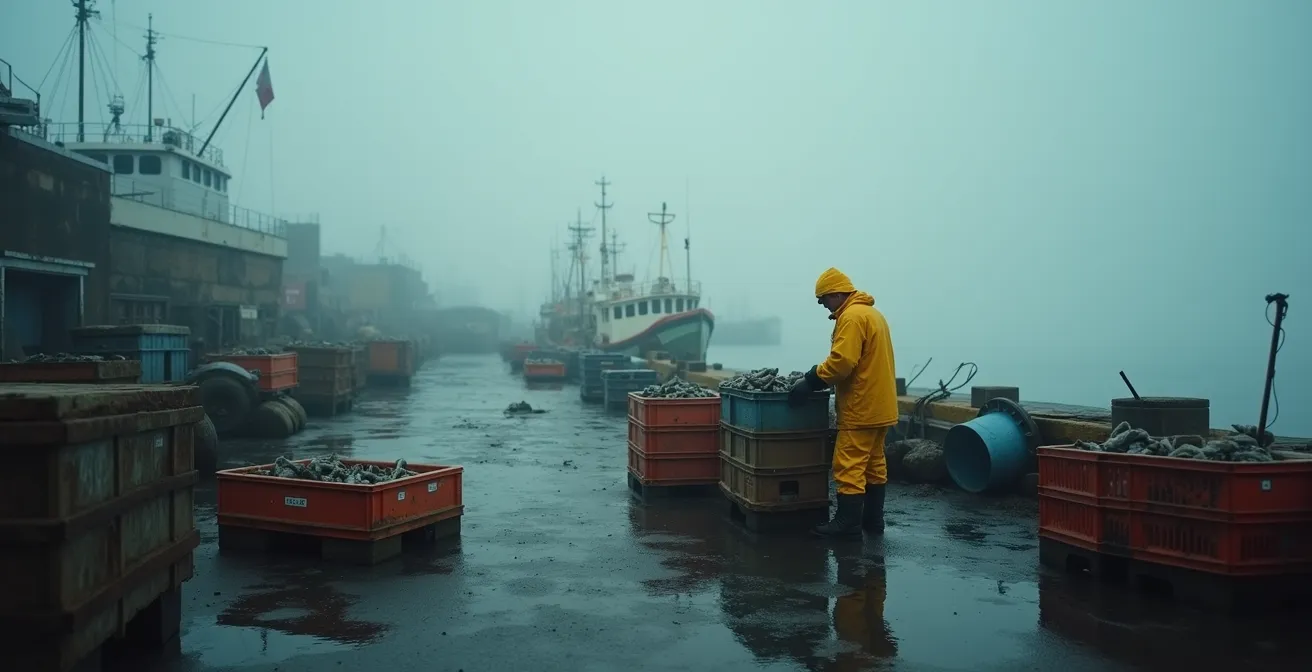 Weathered fisherman sorting the morning catch on a foggy Atlantic Canadian wharf