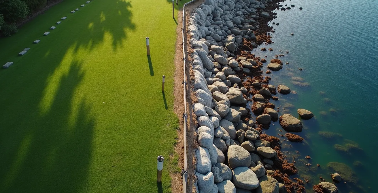 Aerial view showing property boundary lines meeting an ocean shoreline with visible tide marks