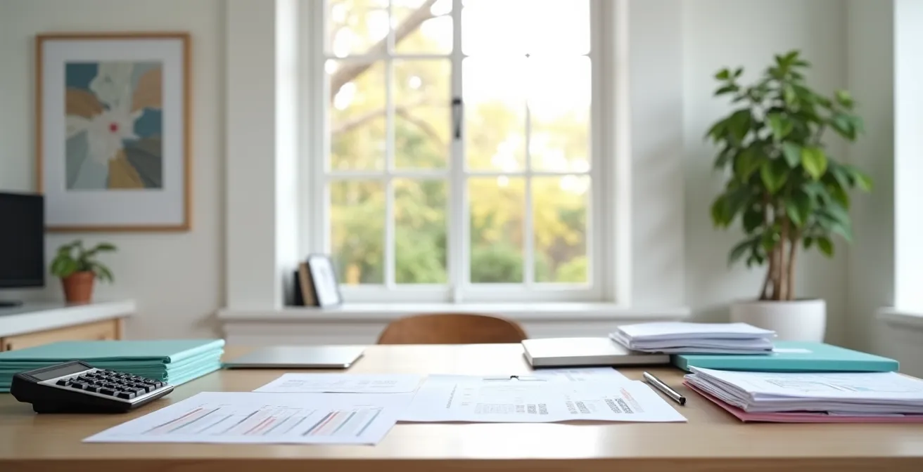 Self-employed professional organizing tax documents and financial statements in modern Canadian home office