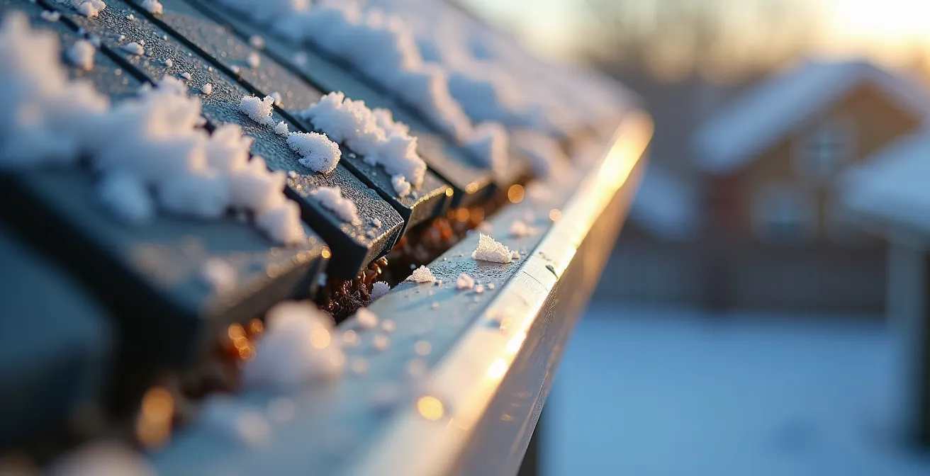 Close-up view of gutters affected by frost heave showing ice dam formation