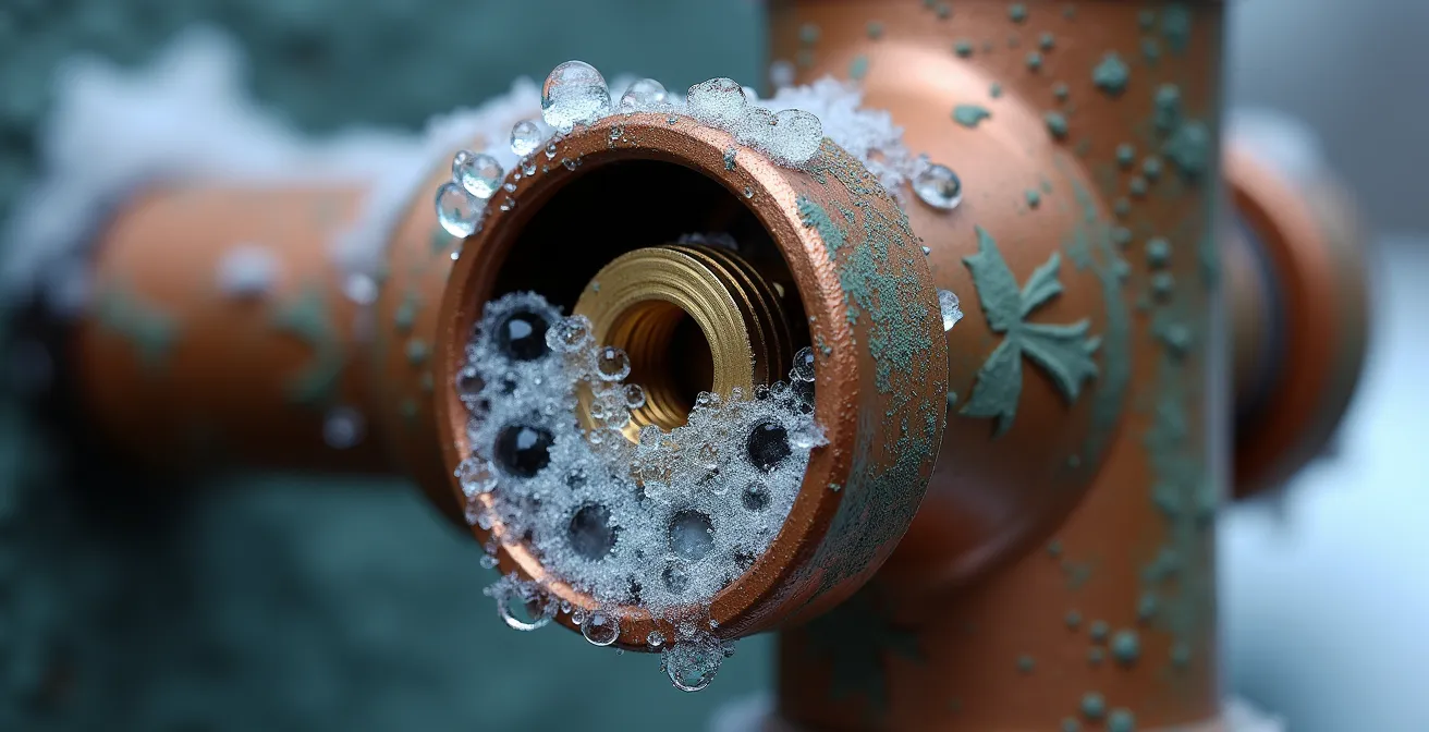 Extreme close-up of a frost-proof sillcock valve mechanism with ice crystals showing the critical seal point