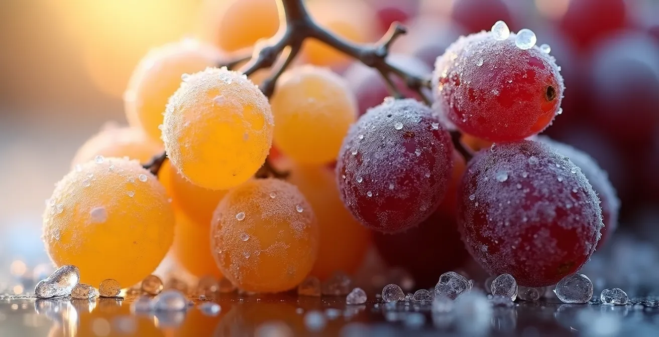 Macro shot comparing frozen Cabernet Franc and Vidal grape clusters
