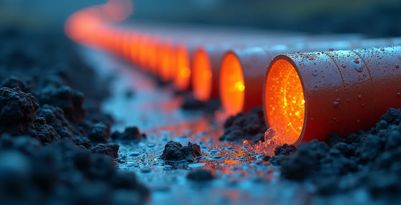 Geothermal cooling system underground pipes transferring heat from home to cool earth in summer