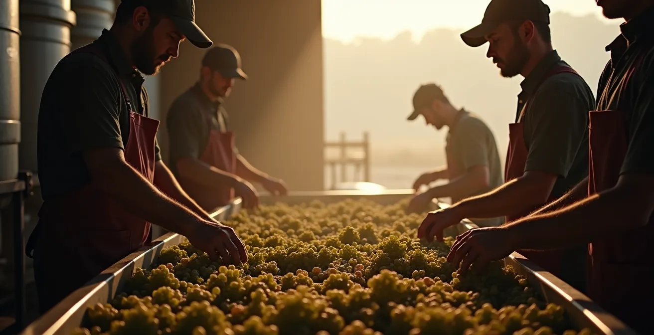 Winery workers in the early morning light, focused on hand-sorting grapes on a conveyor during the busy harvest season.