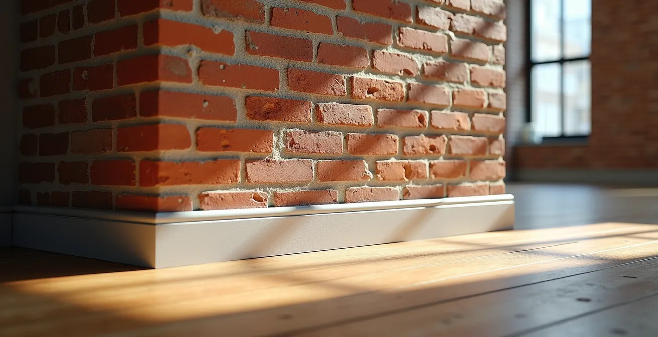 Interior showing original brick walls and wooden beams combined with modern kitchen fixtures