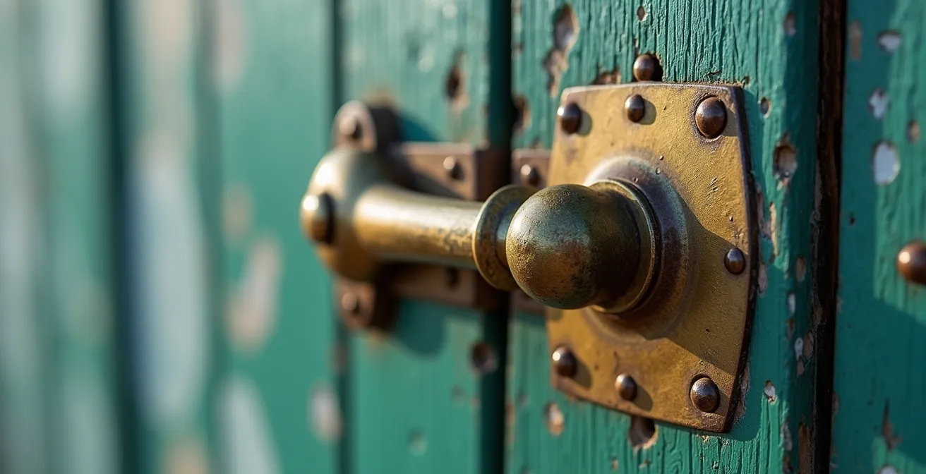 Close-up view of weathered lighthouse entrance with vintage brass hardware and community preservation plaque
