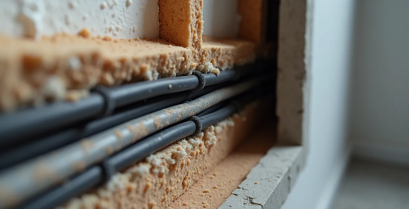 Cross-section view of modern wall showing concealed wiring conduits