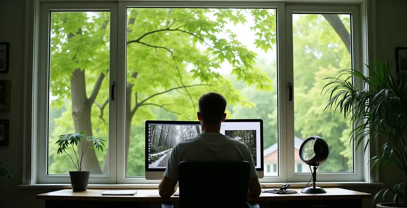 Canadian home office interior with large window overlooking mature maple trees and green space