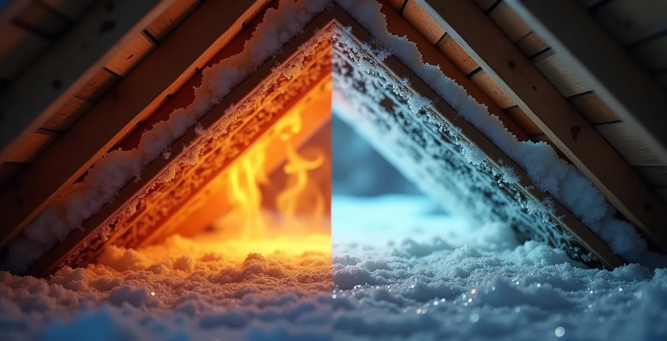 Cross-section diagram showing heat flow and ice dam formation with blocked soffit vents