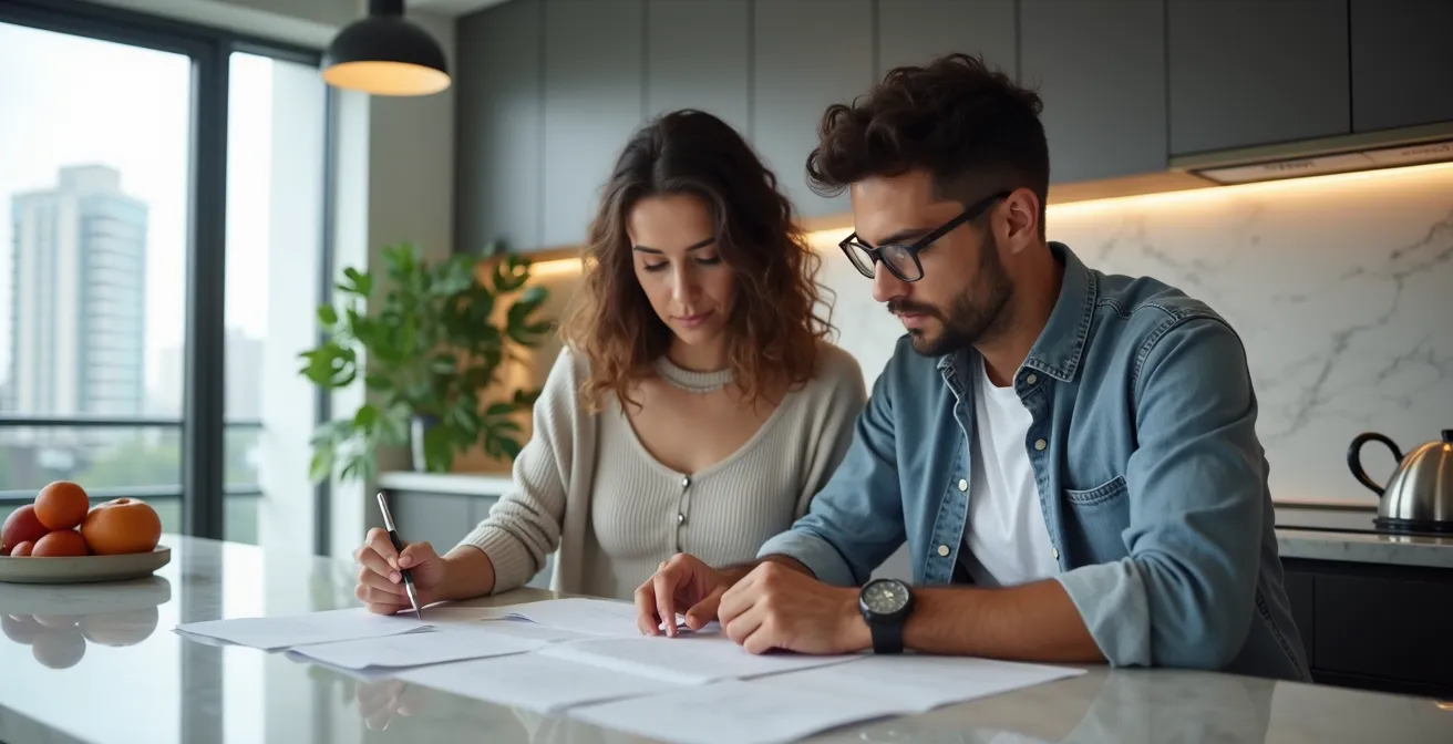 Young couple reviewing real estate documents together at modern kitchen counter with natural light
