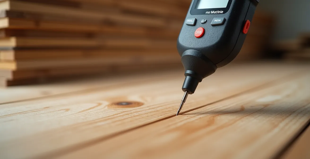 Professional hygrometer device measuring moisture content in a Canadian home during hardwood floor acclimation