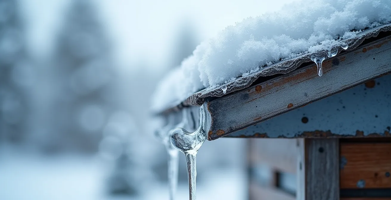 Macro cross-section view of ice dam formation showing heat escape patterns