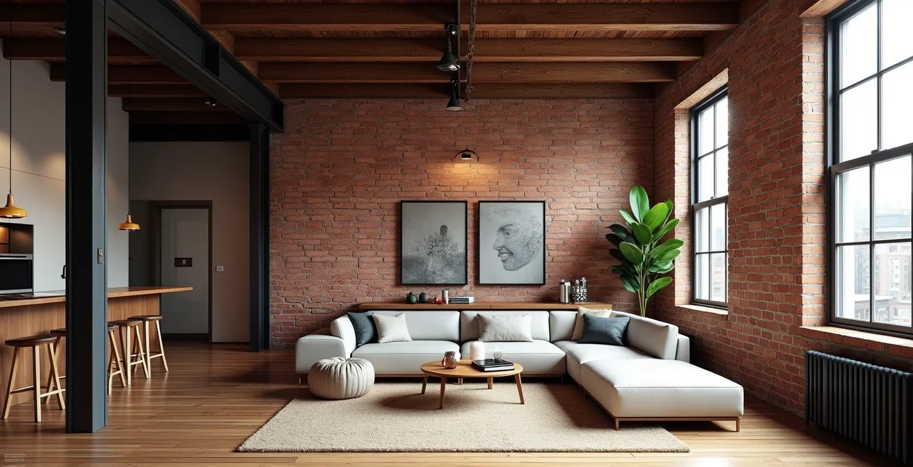 Spacious industrial loft interior showcasing exposed brick walls, steel beams, and dramatic double-height ceilings with modern furnishings