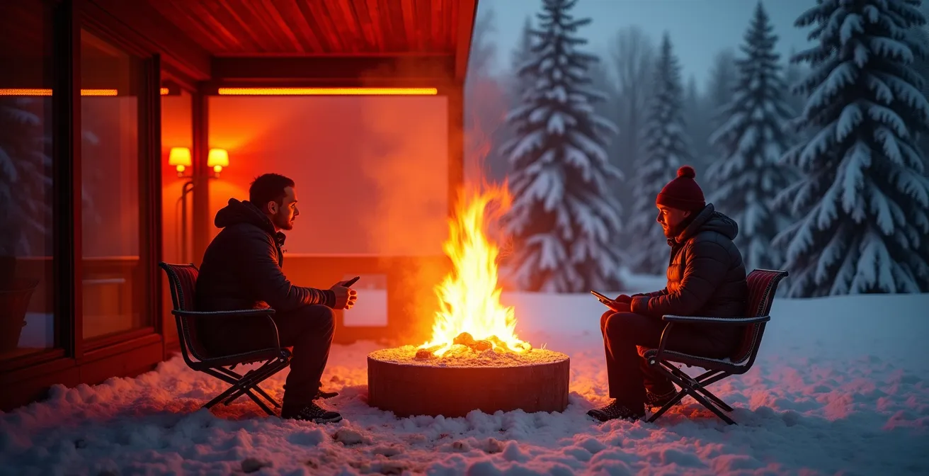 Split view comparing infrared heater and gas fire pit heating patterns on a winter patio