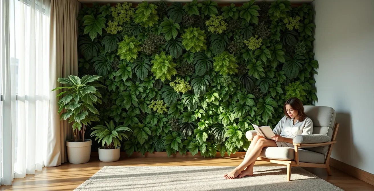 Bedroom interior with floor-to-ceiling living wall creating natural sound barrier