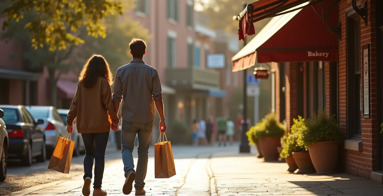 Morning scene of Jordan Village main street with pedestrians walking to local shops