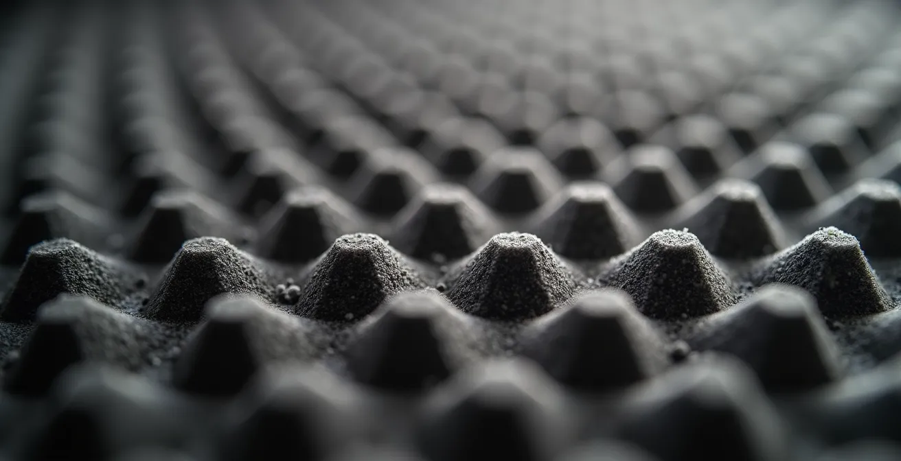 Extreme close-up of acoustic foam panel texture showing sound-absorbing pyramidal patterns