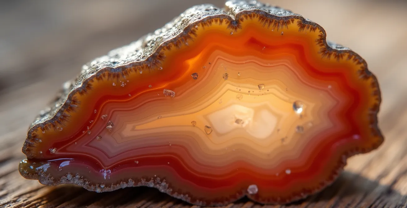 Extreme close-up of authentic Gaspésie agate showing natural banding patterns and waxy luster