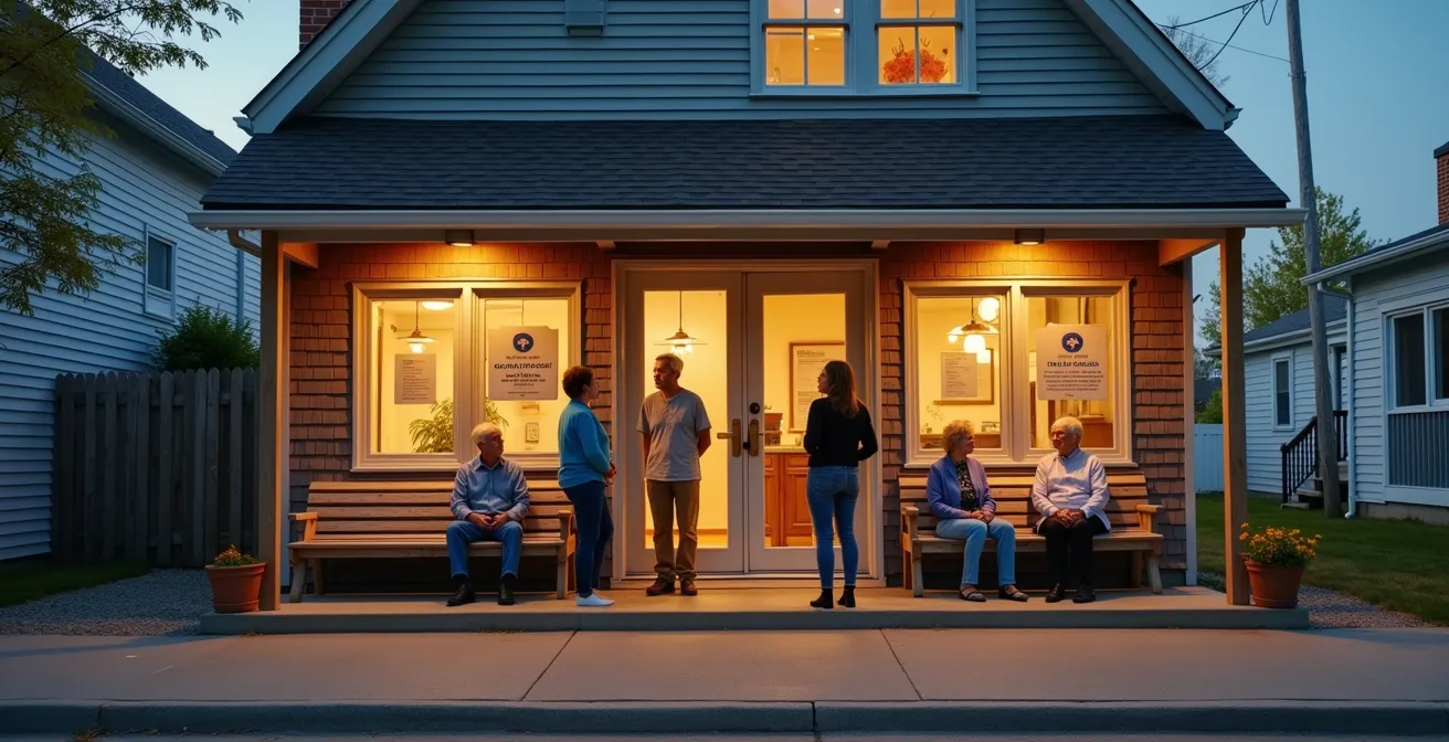 Community healthcare clinic in small Maritime town showing modern medical facility integrated with traditional architecture